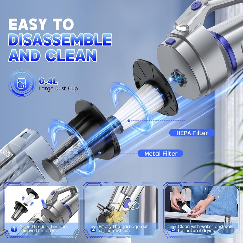 JONYJ Handheld Vacuum Cordless, 16000PA Strong Suction Hand Held Car Vacuum Cleaner, Portable Hand Vacuum Rechargeable with Multi-Nozzles & LED Light for Home, Car, Office, Pets - Image 5
